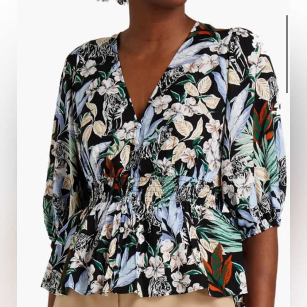 Maje Shirred Black Floral Print Crepe de Chine Blouse Size 2 (Small/Medium)